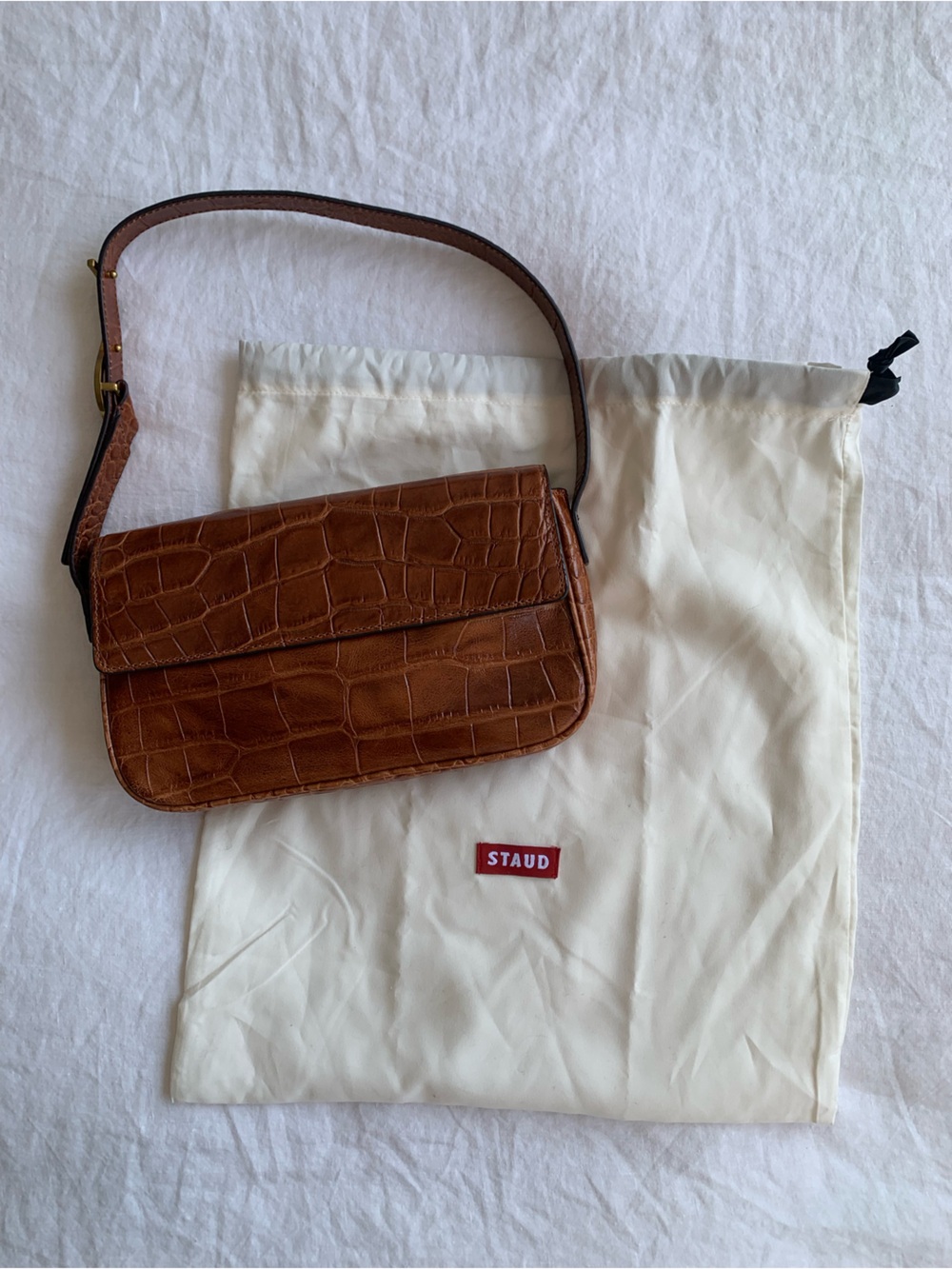 NWOT Staud Tommy Croc Crocodile Leather Shoulder Bag Purse Saddle Brown Tan - Picture 9 of 9